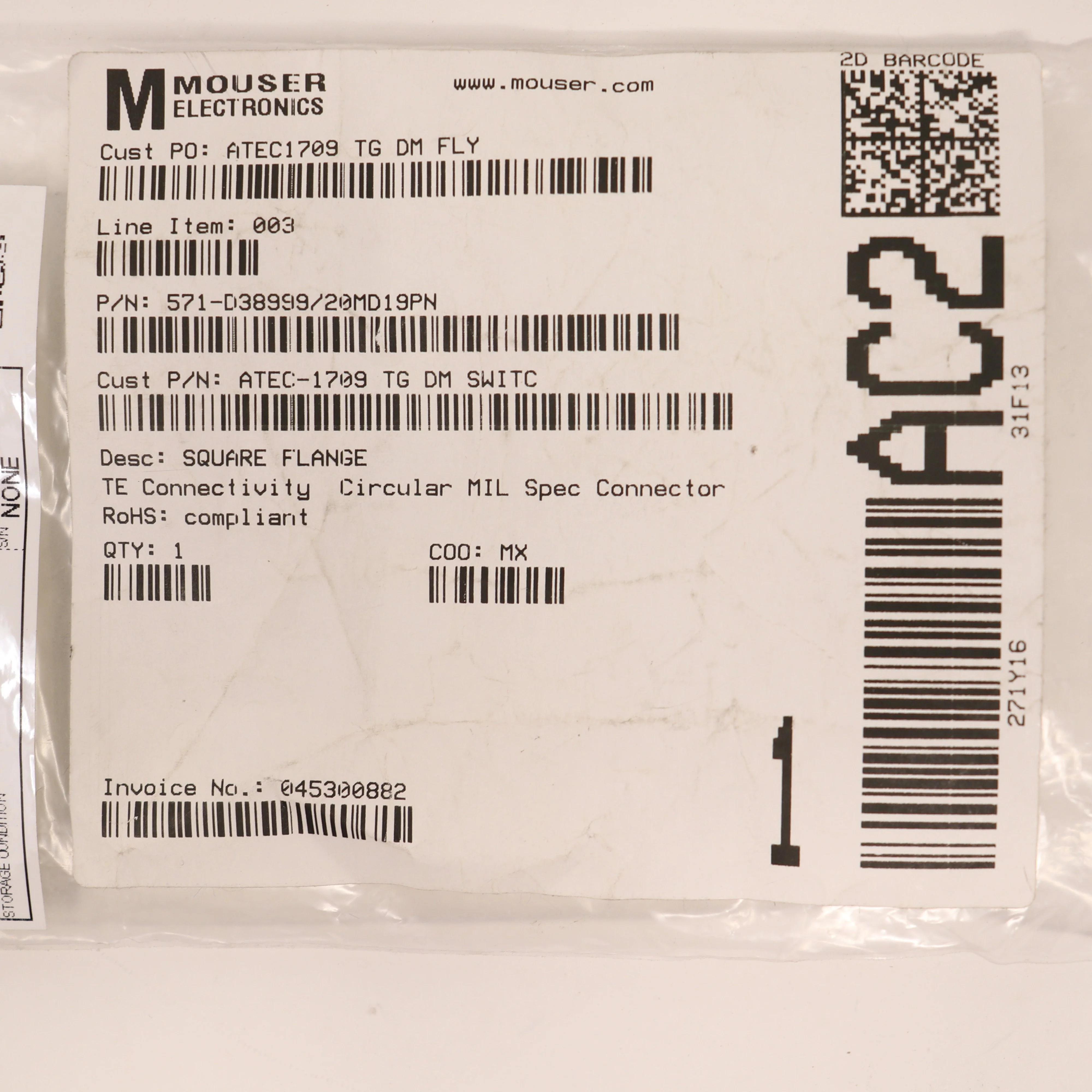 TE Connectivity D38999/20MD19PN Circular MIL-Spec 19-Pin Rack and Panel Connector