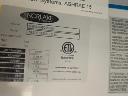Nor-Lake White Diamond Series Double Door Laboratory Refrigerator NSWDR492SSG/0