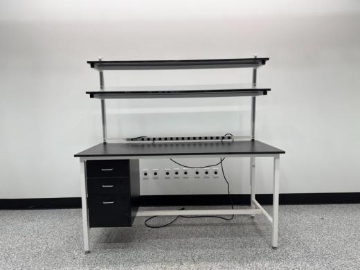 Laboratory Work Bench with Integrated Power Strip and Two-Tier Shelving-cover