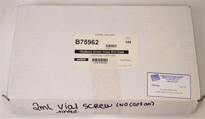 Sci-Spec B75962 Amber Borosilicate Vials Without Caps, 15x26mm, 2mL (Box of 144)-cover