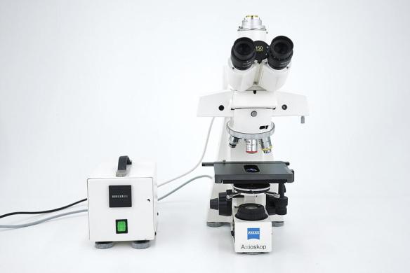 Zeiss Axioskop 20 Trinocular Fluorescence Microscope with 5×–100× Objectives and Filter Blocks 01 and 10-cover